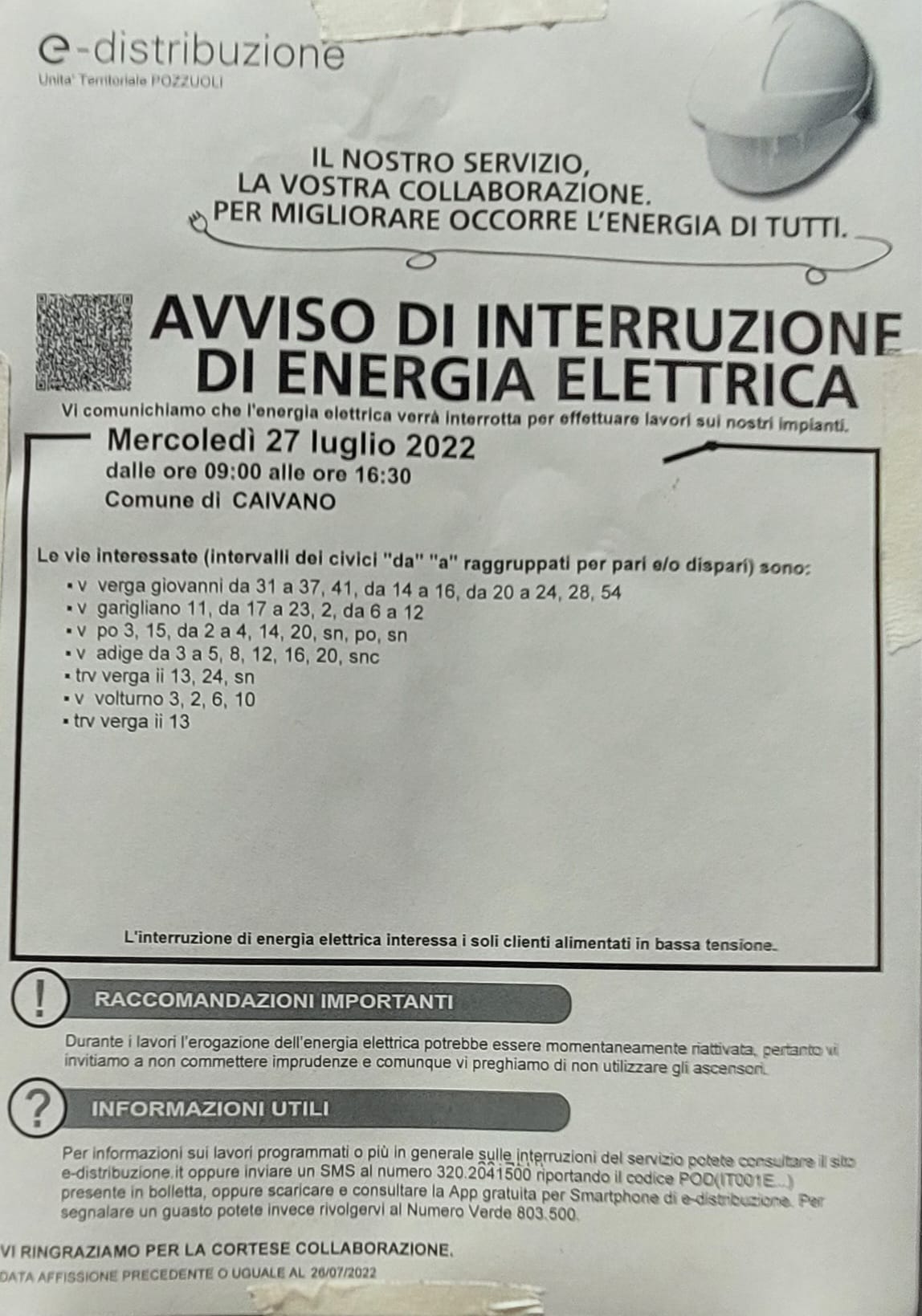 interruzione energia elettrica 27 luglio 22 - Il Giornale di Caivano