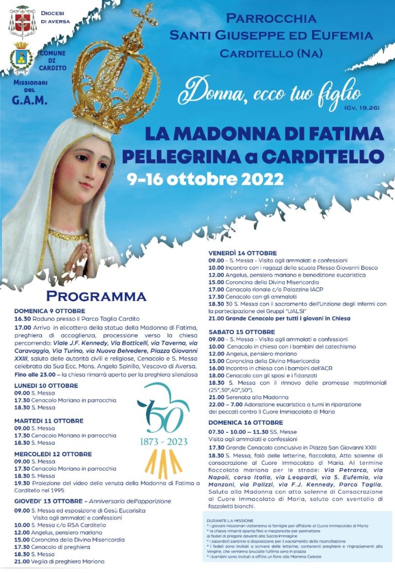 Cardito, la “Madonna di Fatima” arriva in elicottero al Parco Taglia. Il sindaco Cirillo: “Sarà un tripudio festante per tutti i fedeli” 